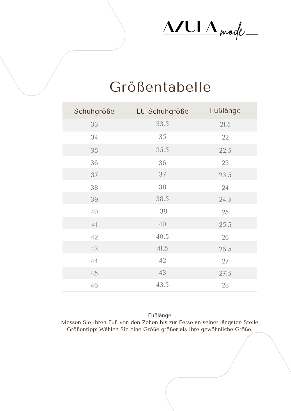 Größentabelle