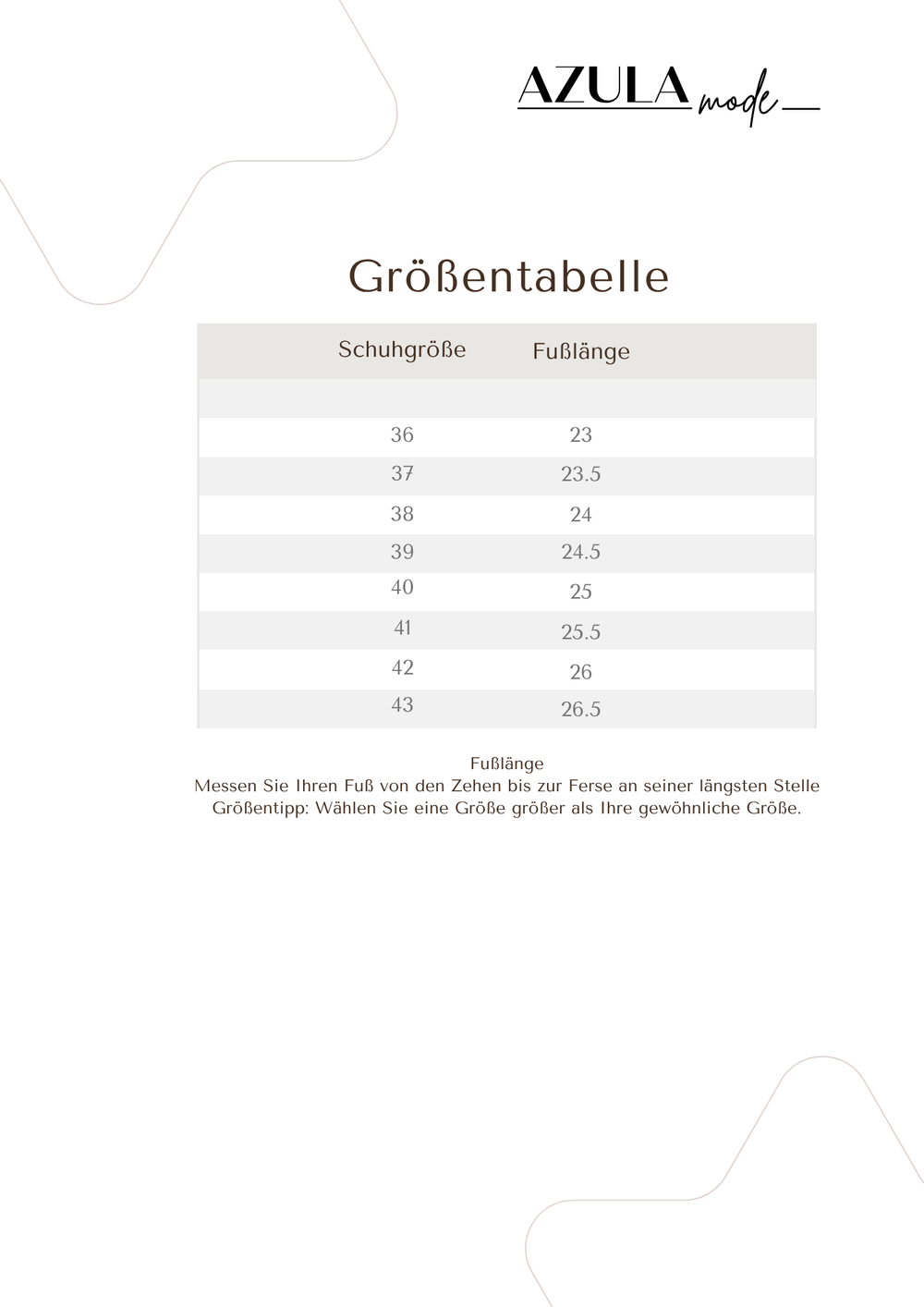 Größentabelle
